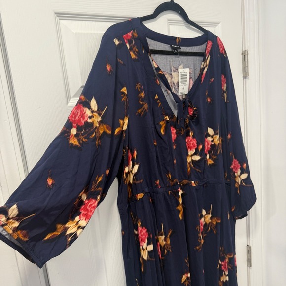 Torrid Navy Floral Print Long Sleeve‎ Tie Neck Midi Dress Plus Size 4X 26 Boho - Picture 5 of 12